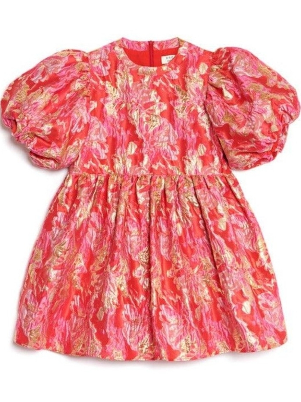 Sister Jane Pink, Red & Gold Embossed Puff-Sleeve Party Dress Sz M
